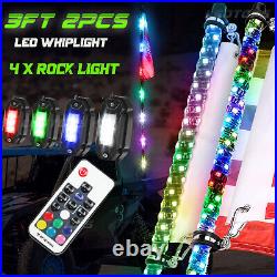 3ft Lighted Spiral RGB LED Whip Light with4 Pods RGB Rock Lights Kit for ATV UTV
